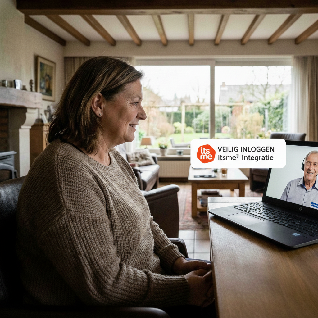 Een vrouw die een videogesprek voert via de TIMEBLOCKR Digitale Balie. Door de Itsme integratie kan zij online geïdentificeerd worden wanneer wetgeving dit vereist voor de dienstverlening.